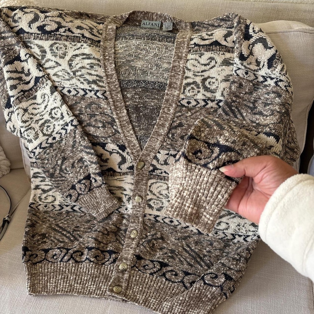 VTG Alfani cotton linen buttoned electric grandpa cardigan Italy brown beige XL